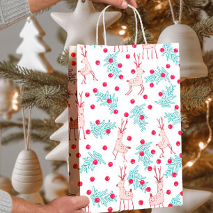 Whimsical Reindeer and Berry Christmas Pattern Medium Gift Bag