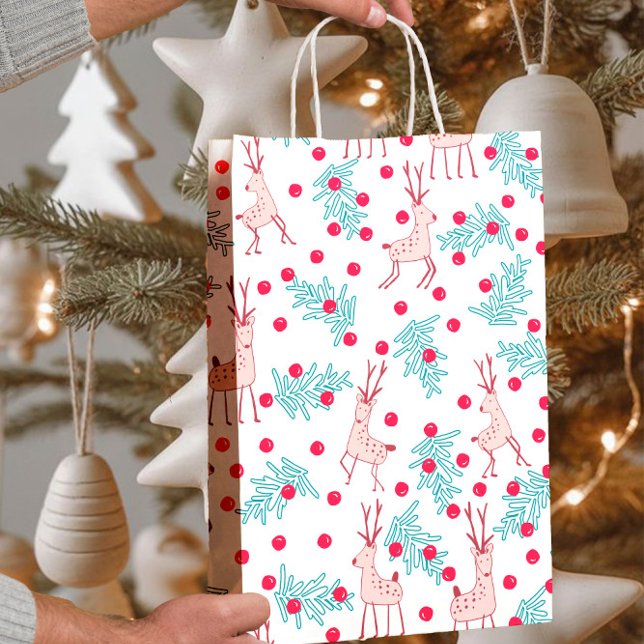 Whimsical Reindeer and Berry Christmas Pattern Medium Gift Bag (Creator Uploaded)