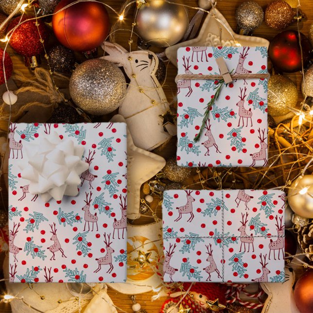Whimsical Reindeer and Berry Christmas Pattern Wrapping Paper Sheet (Creator Uploaded)