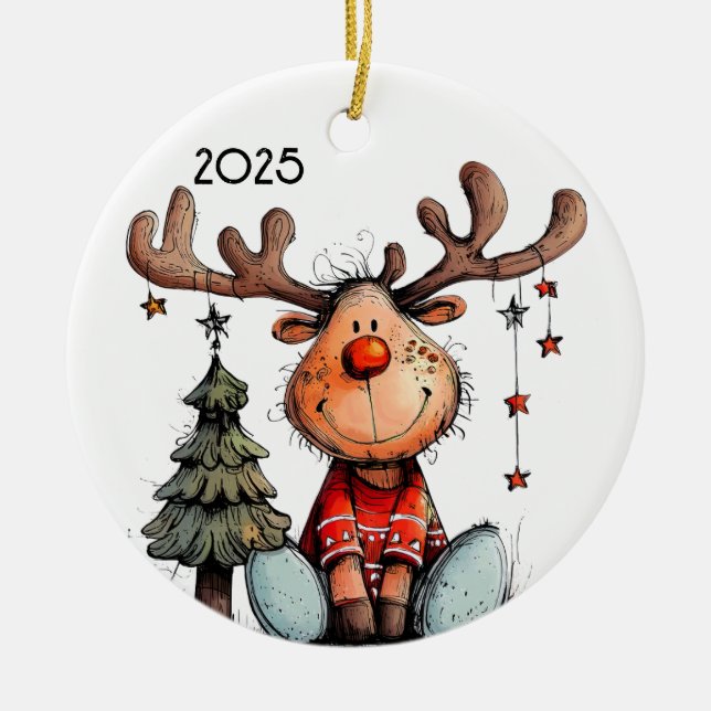 Whimsical Reindeer Ceramic Tree Decoration (Front)
