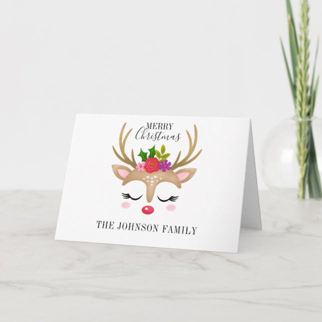 Whimsical Reindeer Christmas Folded Holiday Card (Front)