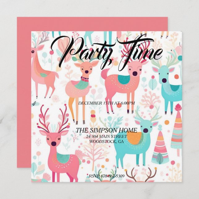 Whimsical Reindeer Christmas Party Invitation (Front/Back)