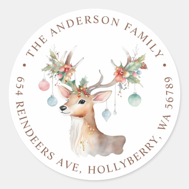 Whimsical Reindeer Christmas Return Address Classic Round Sticker (Front)