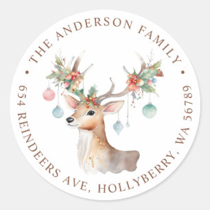 Whimsical Reindeer Christmas Return Address Classic Round Sticker