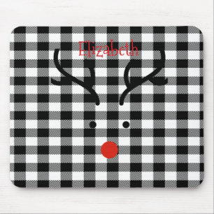 Whimsical Reindeer Face Black Buffalo Plaid Mouse Mat
