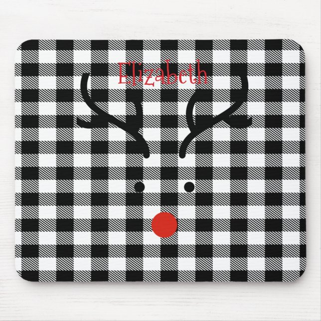 Whimsical  Reindeer Face Black Buffalo Plaid Mouse Mat (Front)