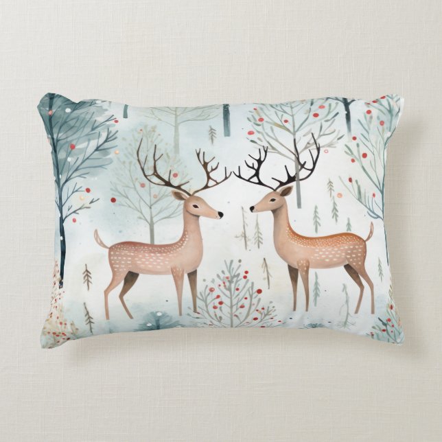 Whimsical Reindeer in the Forest Illustration Decorative Cushion (Front)