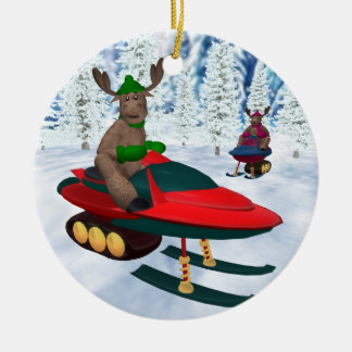 Whimsical Reindeer on Snowmobiles Ceramic Tree Decoration