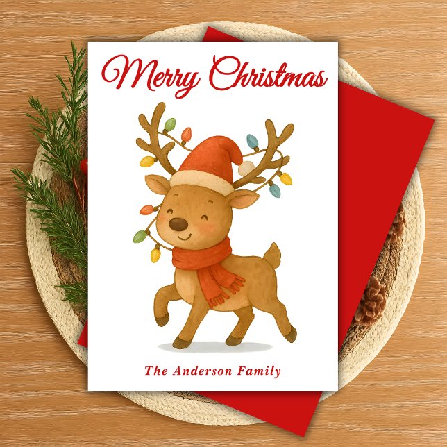 Whimsical Reindeer with String Lights Christmas Holiday Card (Creator Uploaded)