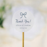 Whimsical Retro Blue Bow Wedding Thank You Favor Classic Round Sticker<br><div class="desc">A thank you sticker to match our Whimsical Retro Blue Stripes Wedding collection. This design features a whimsical illustration of a bow on the top and thank you written in calligraphy. This favor sticker can be used on wedding favors or to seal envelopes for thank-you cards. View the collection linked...</div>