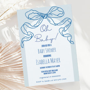 Whimsical Retro Blue Hand Drawn Bow Baby Shower Invitation