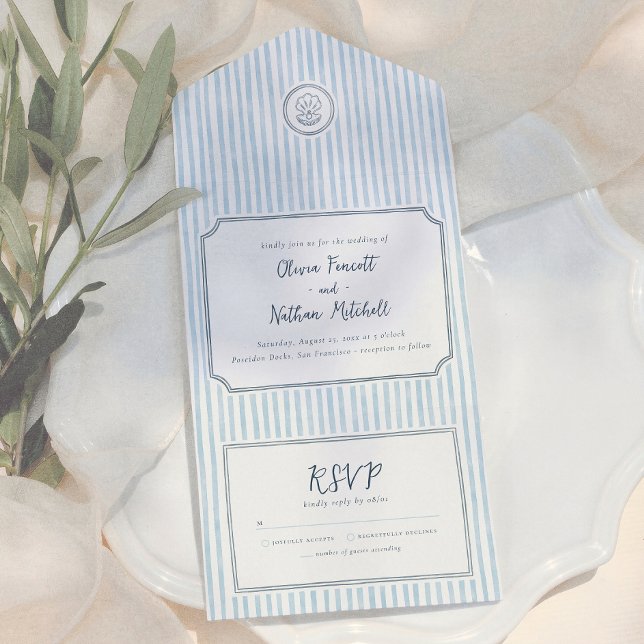 Whimsical Retro Blue Stripes Wedding All In One Invitation (Creator Uploaded)