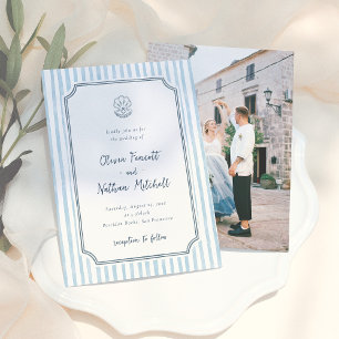 Whimsical Retro Blue Stripes Wedding Invitation