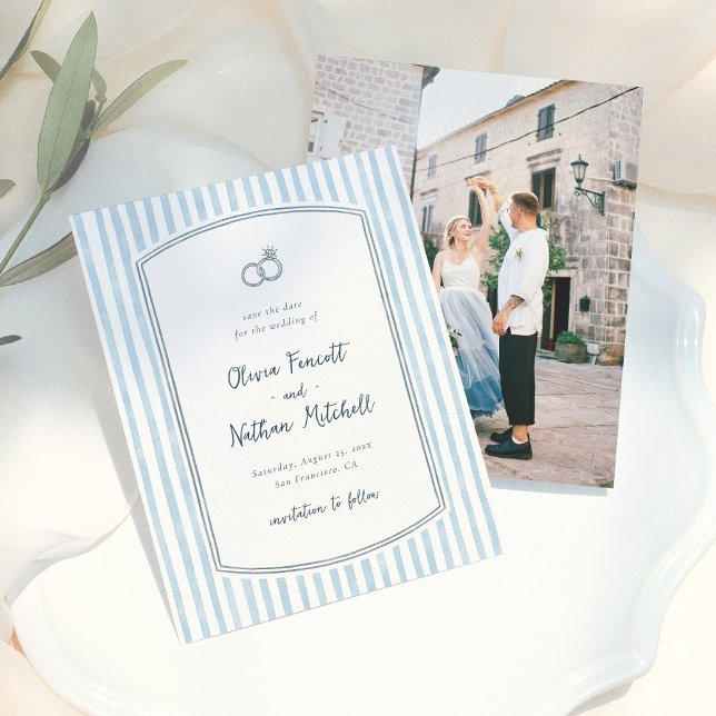 Whimsical Retro Blue Stripes Wedding Save the Date (Creator Uploaded)