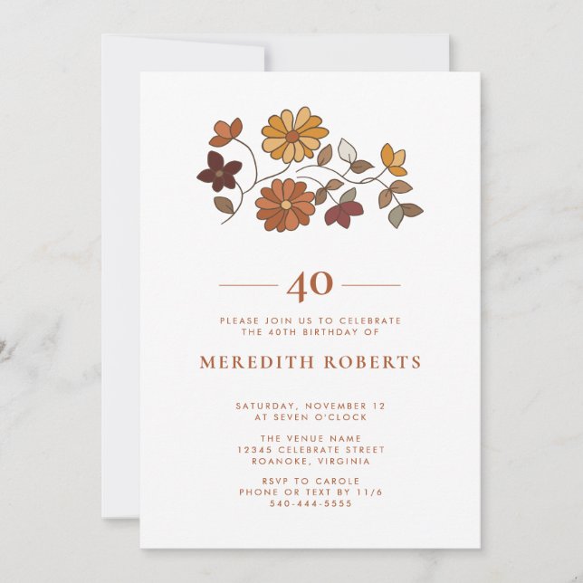 Whimsical Retro Boho Floral 40th Birthday Invitation (Front)