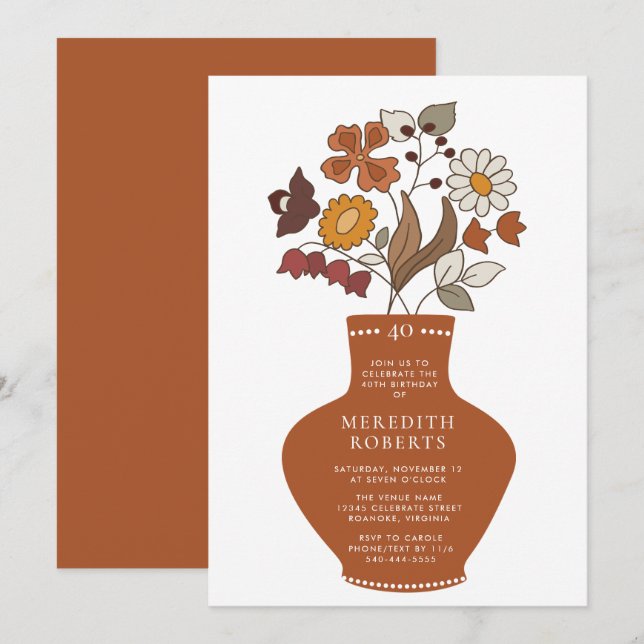 Whimsical Retro Boho Floral 40th Birthday Invitation (Front/Back)