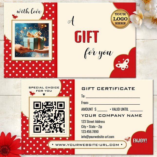 Whimsical Retro Butterfly Photo Gift Card (Retro gift certificate featuring a red and ivory polka dot design with butterflies - QR code - logo)