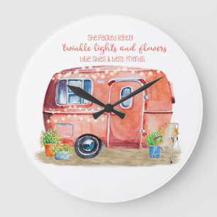 Whimsical Retro Camper Caravan Friends Quote Large Clock
