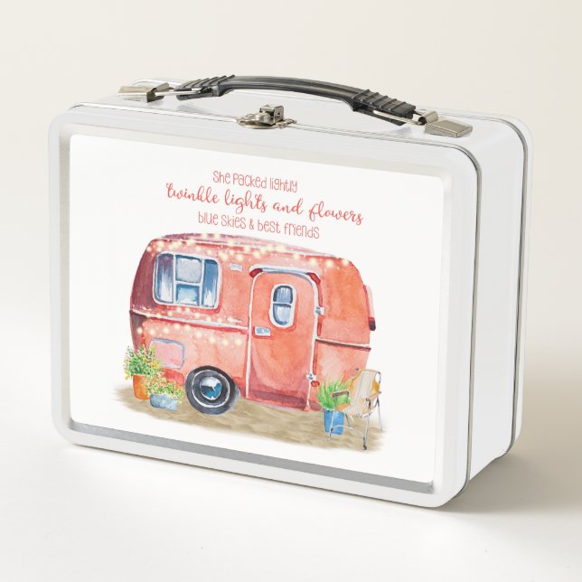 Whimsical Retro Camper Caravan Friends Quote Metal Lunch Box (Front)