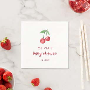 Whimsical Retro Cherries Red Script Baby Shower Napkin