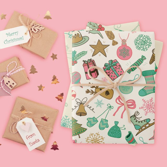 Whimsical Retro Christmas Doodles Wrapping Paper Sheet (Creator Uploaded)