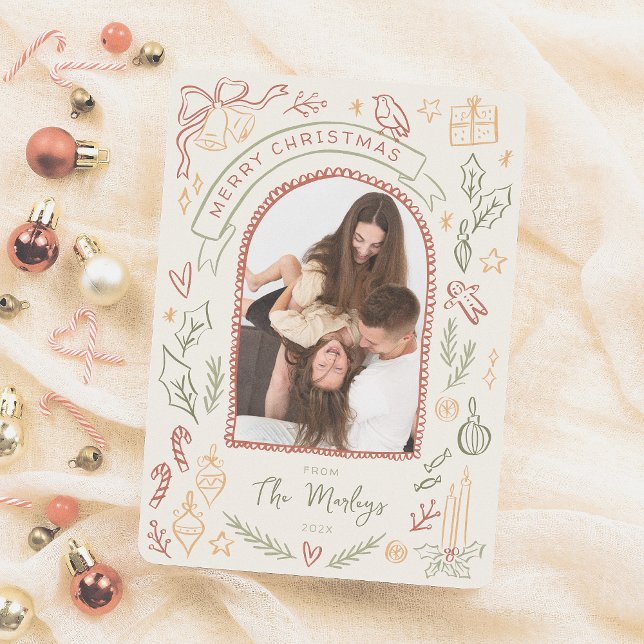 Whimsical Retro Christmas Illustrations Arch Photo Holiday Card (Creator Uploaded)