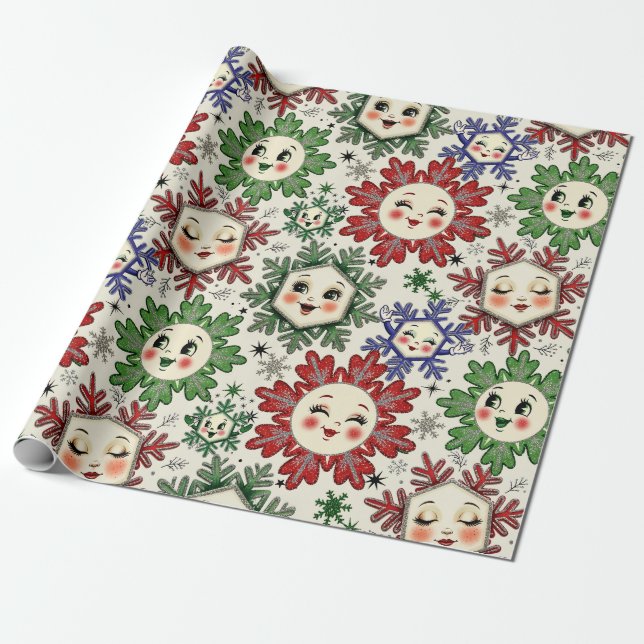 Whimsical Retro Christmas Snowflakes Wrapping Paper (Unrolled)