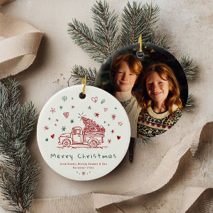 Whimsical Retro Christmas Truck Family Photo Ceramic Tree Decoration