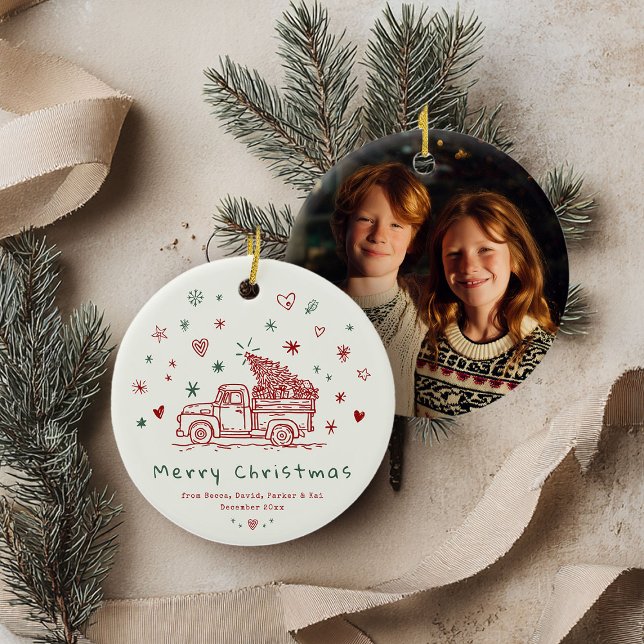 Whimsical Retro Christmas Truck Family Photo Ceramic Tree Decoration (Creator Uploaded)