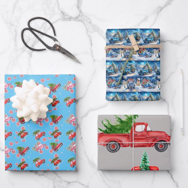 Whimsical Retro Christmas Trucks Wrapping Paper (Front)