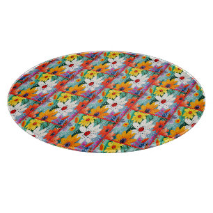 Whimsical Retro Colourful Daisies and Polka Dots Cutting Board