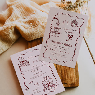 Whimsical Retro Doodle Art   Wedding Invitation