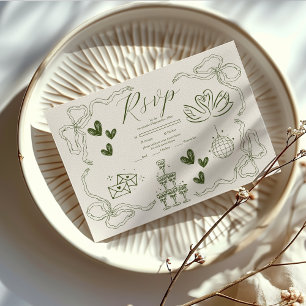 Whimsical Retro Doodle Art Wedding RSVP Card