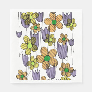 Whimsical Retro Floral Doodle Geometric Square Pap Napkin