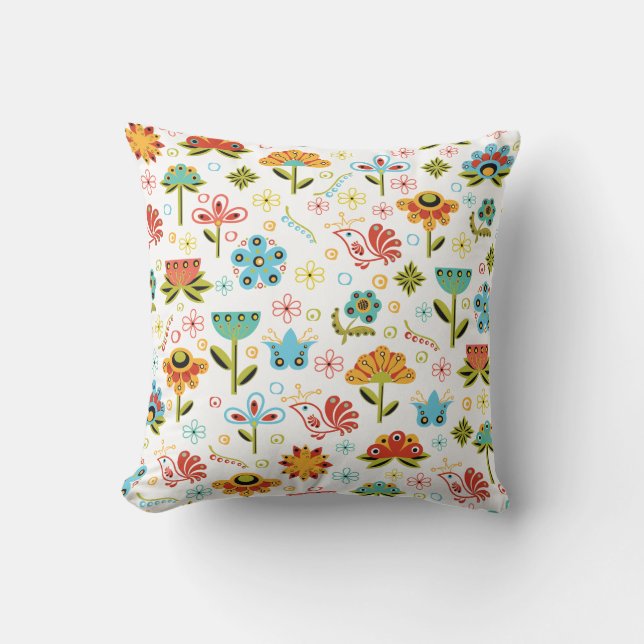 Whimsical Retro Flowers and Birds Cushion (Front)