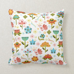 Whimsical Retro Flowers and Birds Cushion