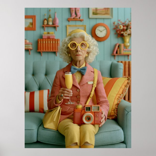 Whimsical Retro Grandma with Camera Poster (Front)
