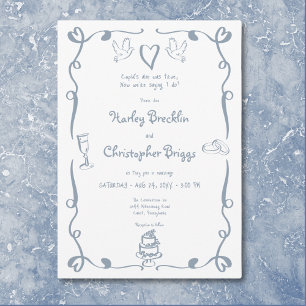 Whimsical Retro Hand Drawn Dusty Blue Wedding Invitation