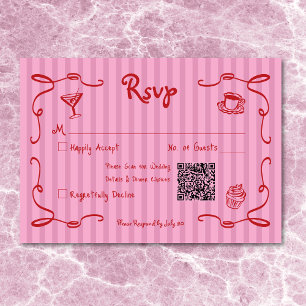 Whimsical Retro Hand Drawn Pink Red Stripe Wedding RSVP Card