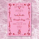 Whimsical Retro Hand Drawn Pink Red Wedding Invitation<br><div class="desc">Say "I do" with a touch of charm! Our whimsical, hand-drawn doodle-style wedding invitation sets the perfect tone for your big day. With a soft pink background and playful red sketches of wedding essentials—cakes, rings, doves, and hearts—this invite is bursting with love and personality. The fun, handwritten-style font adds a...</div>