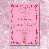 Whimsical Retro Hand Drawn Pink Red Wedding