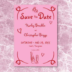 Whimsical Retro Hand Drawn Pink Red Wedding Save The Date