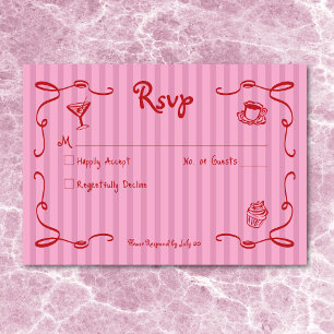 Whimsical Retro Hand Drawn Pink Red Wedding Stripe RSVP Card