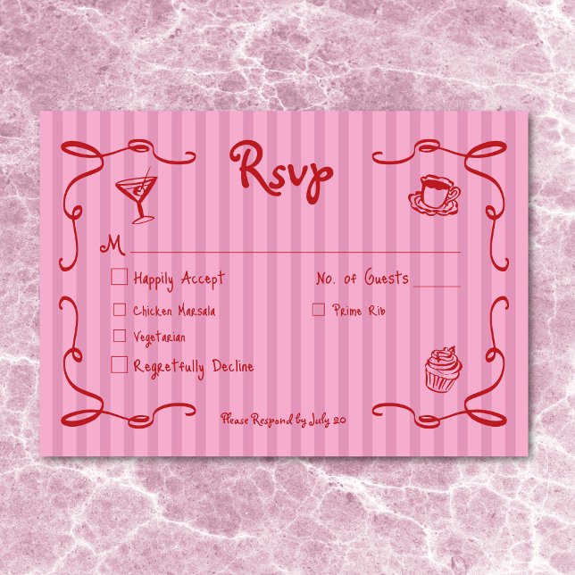 Whimsical Retro Hand Drawn Pink Red Wedding Stripe RSVP Card (Whimsical Retro Hand Drawn Pink Red Wedding Stripe RSVP Card)