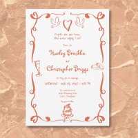 Whimsical Retro Hand Drawn Sunset Orange Wedding