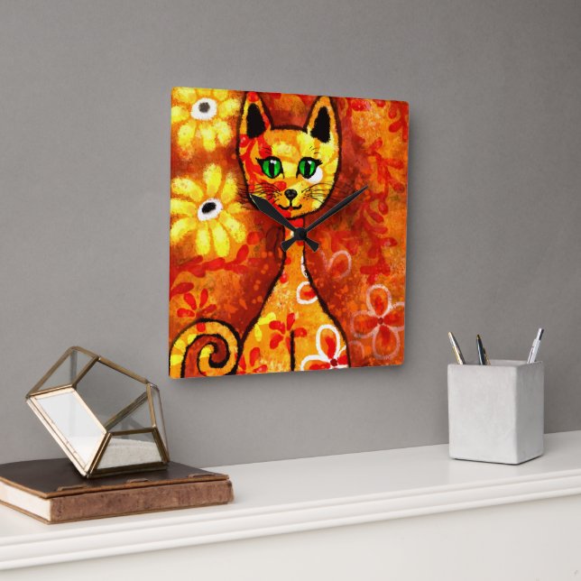 Whimsical Retro Kitty Cat Abstract Art Orange Square Wall Clock (Office)
