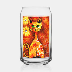 Whimsical Retro Kitty Cat Orange Red Floral Yellow Can Glass