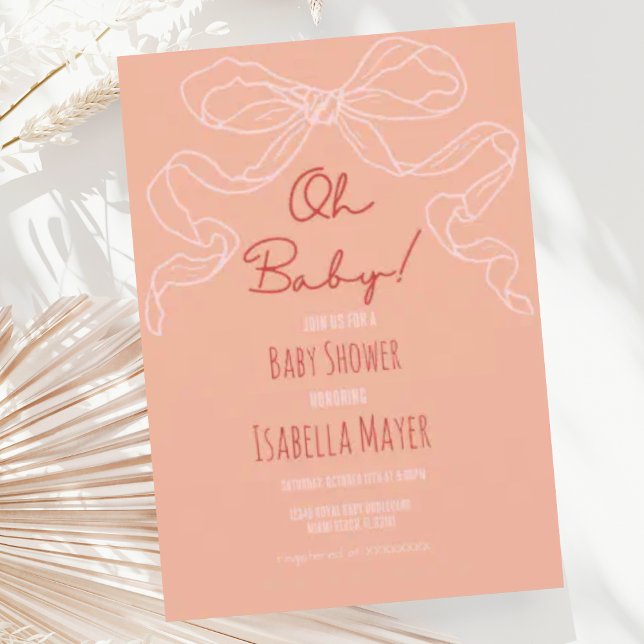 Whimsical Retro Peach Hand Drawn Bow Baby Shower Invitation (Creator Uploaded)