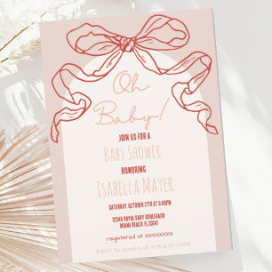 Whimsical Retro Peach Hand Drawn Bow Baby Shower Invitation
