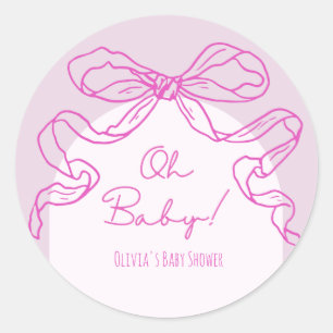 Whimsical Retro Pink Hand Drawn Bow Baby Shower Classic Round Sticker